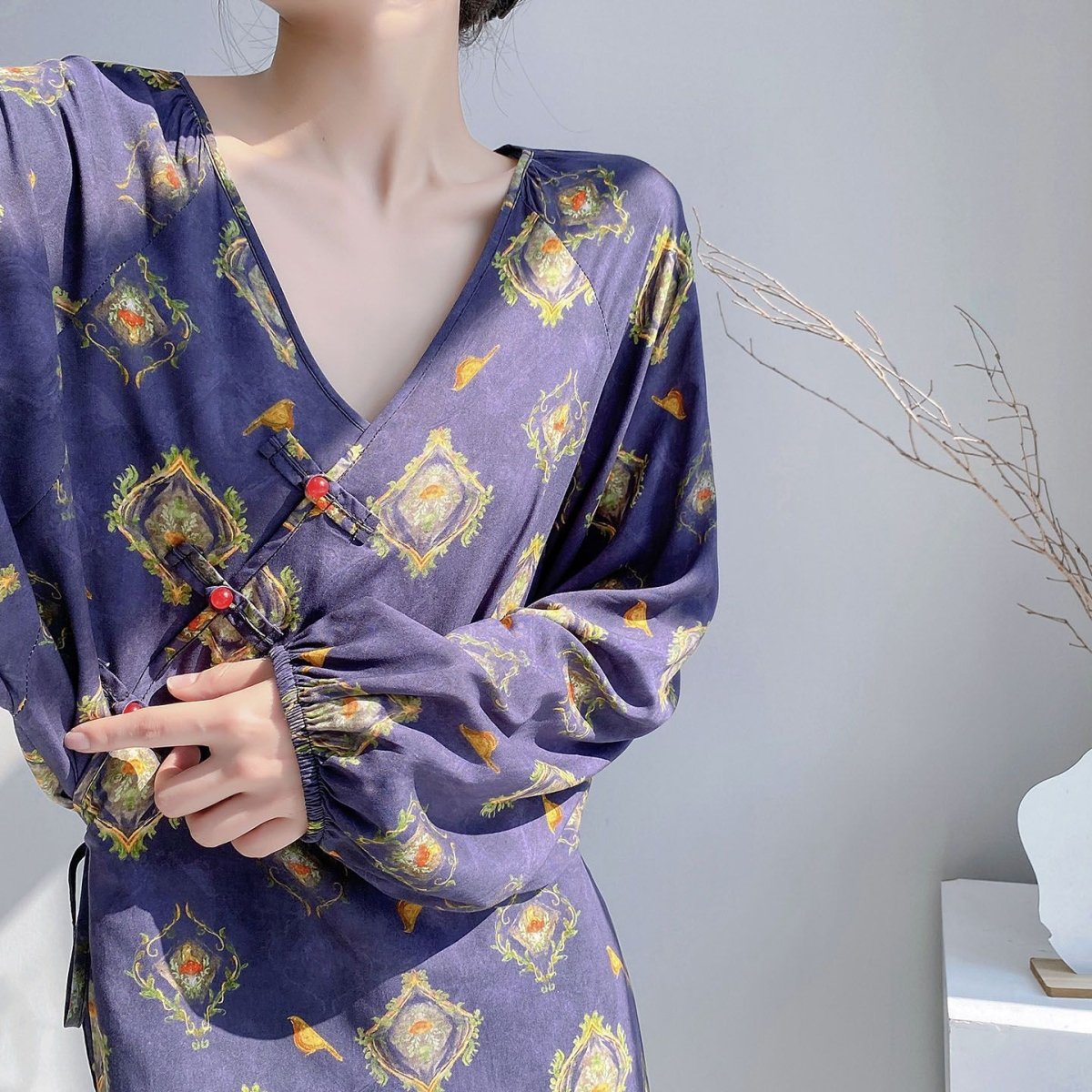 Robe portefeuille longue à motif jacquard et imprimé, style chinois (MS424)