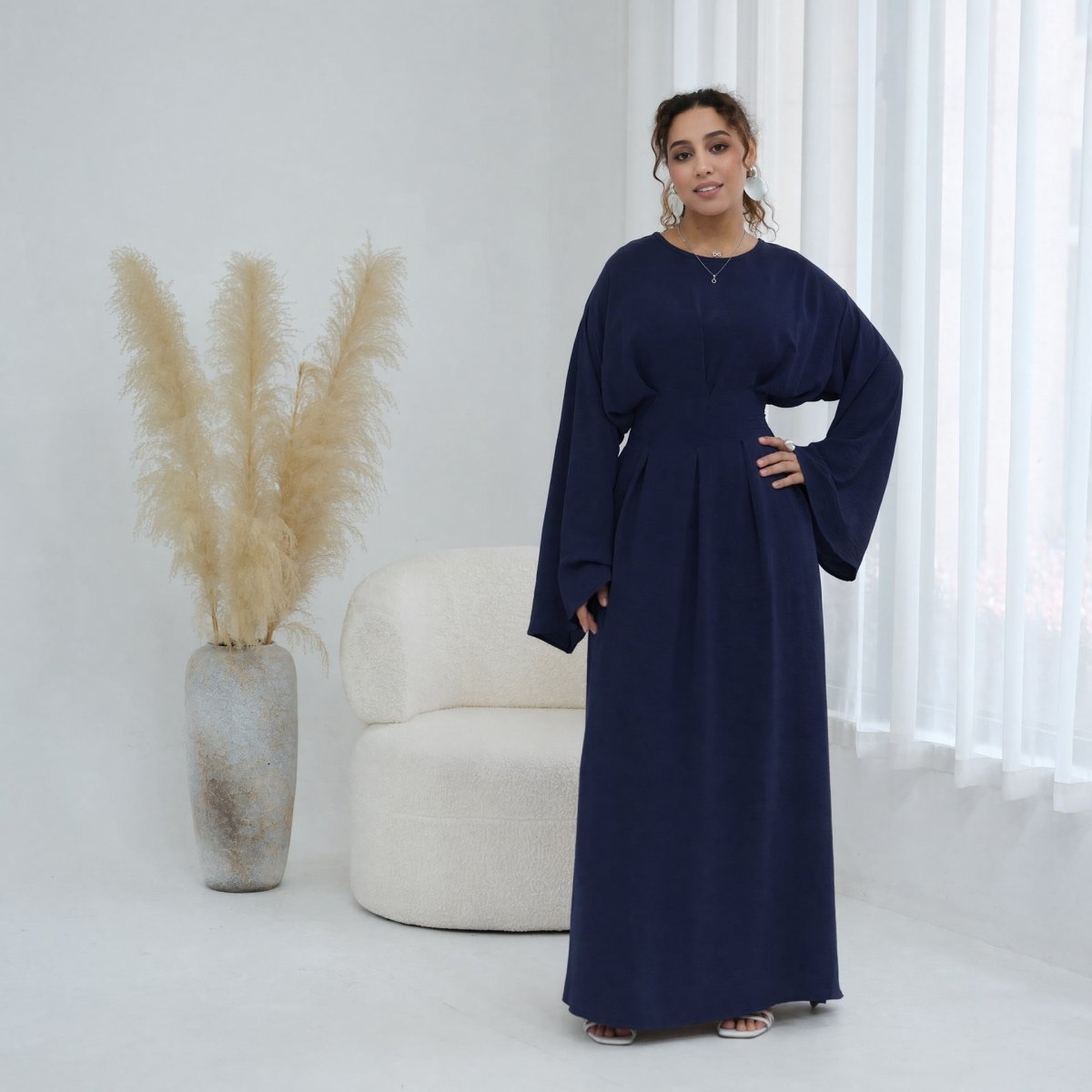Robe Maxi Plissée à Manches Chauve-Souris (MS453)