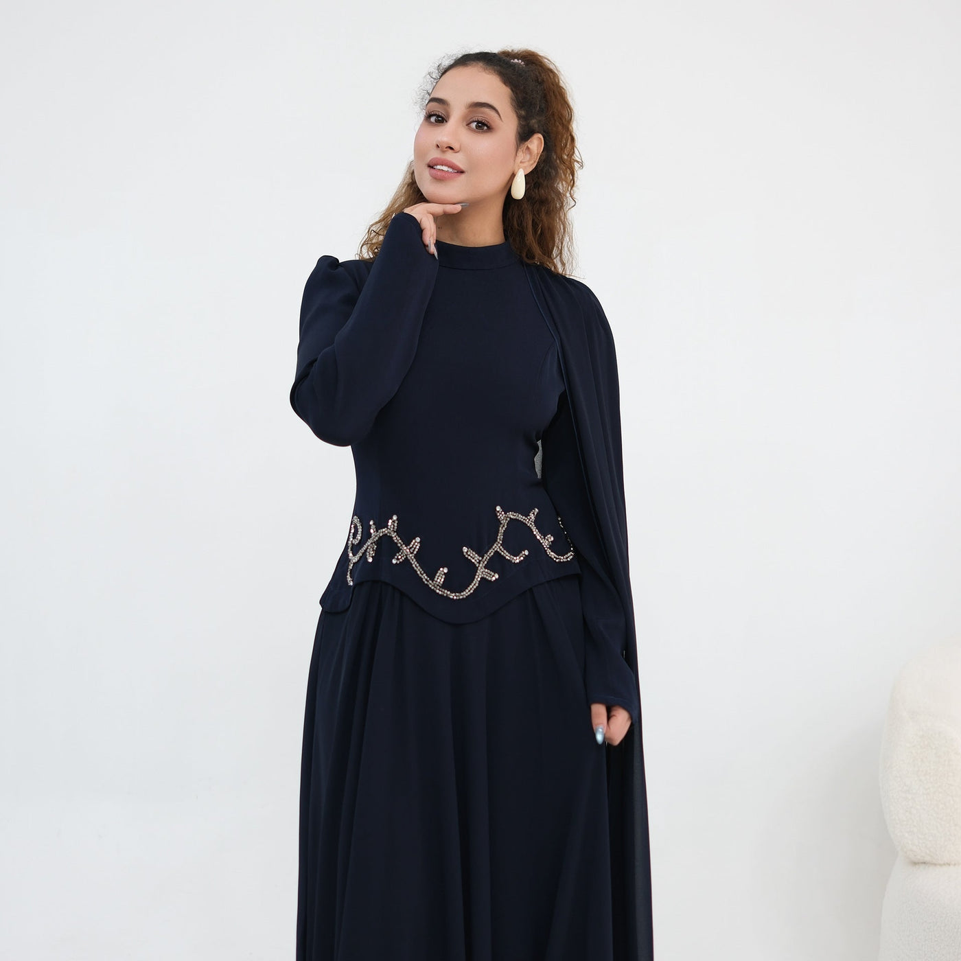 Robe Maxi Cape Sleeve à Taille Perlée(MS499)