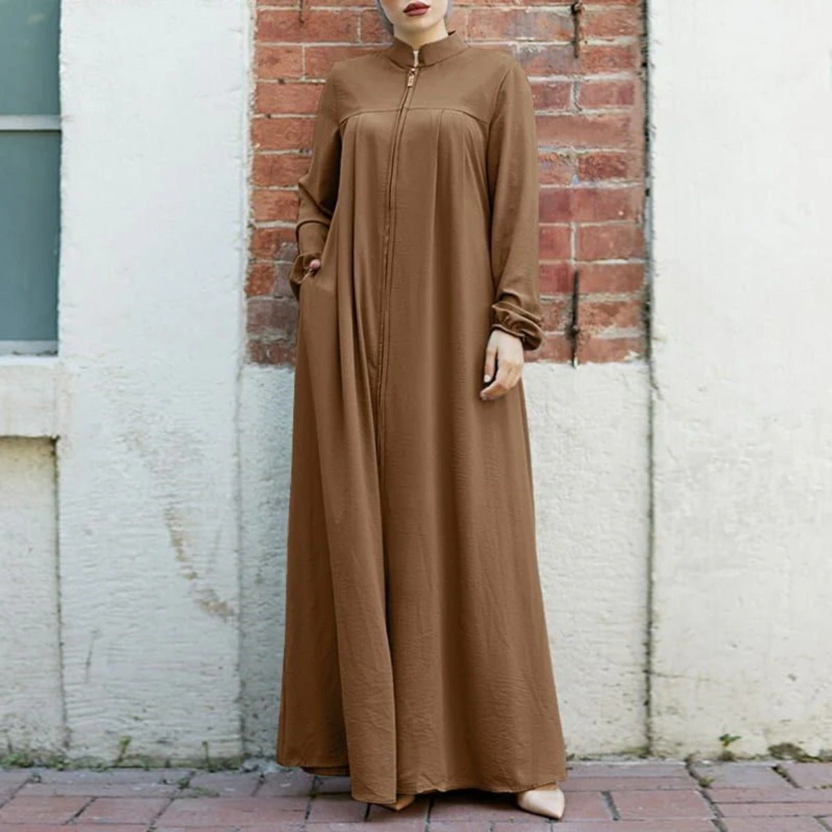 Cardigan long à col montant et fermeture éclair, avec poches | Abaya robe longue maxi modeste (MA155)