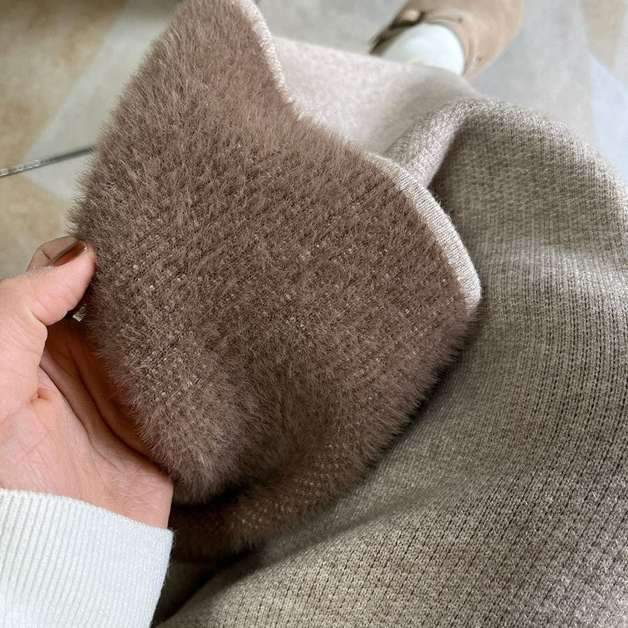 Jupe midi polaire hiver | Jupe en maille chaude taille haute avec fente latérale (MS207)