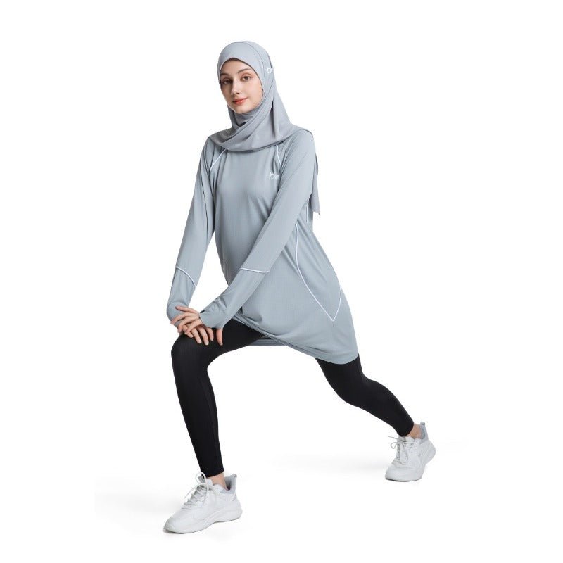 Haut de sport modeste à manches longues pour femme, séchage rapide | Tunique athlétique en polyester pour yoga, lignes épurées (MS114)