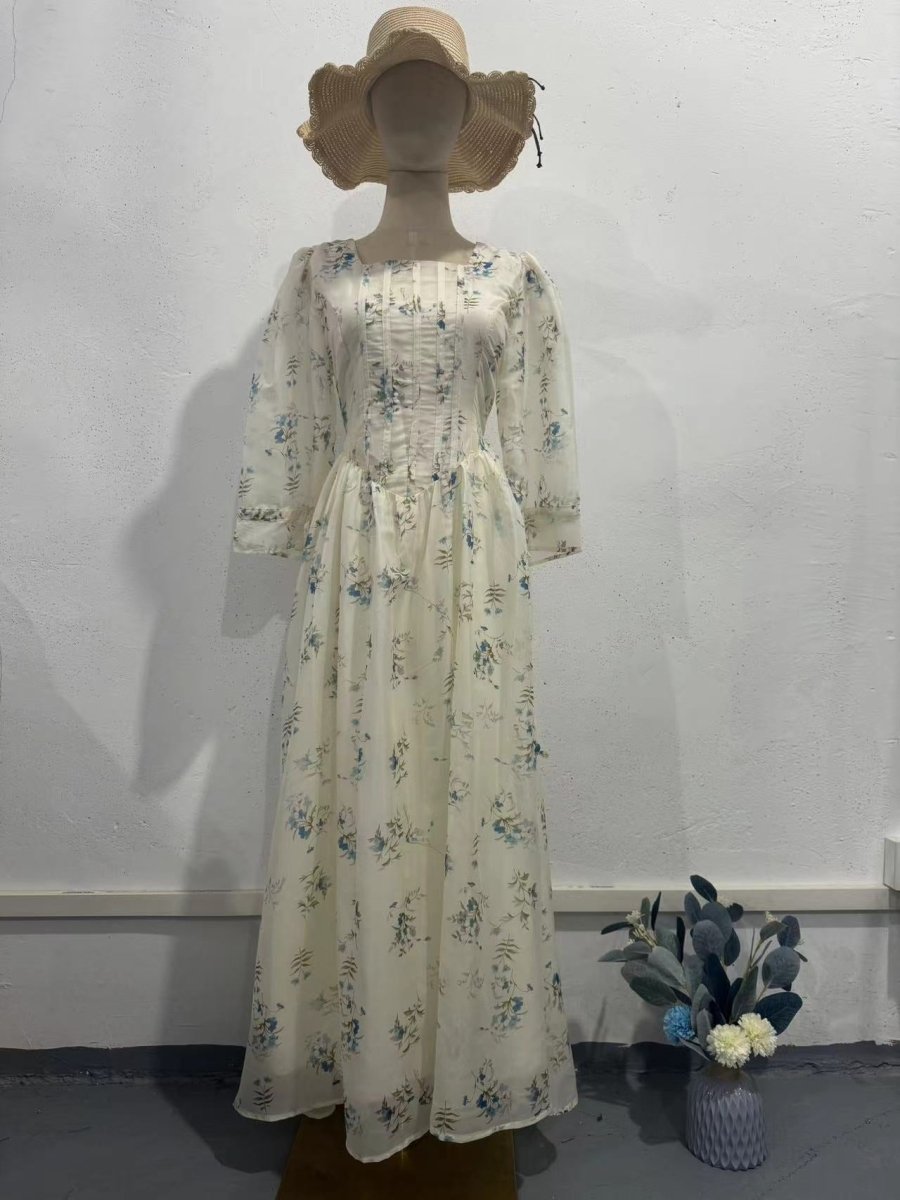 Robe Abaya Fée Florale Romantique à Col Carré, Manches Bouffantes et Lacet au Dos (MA224)