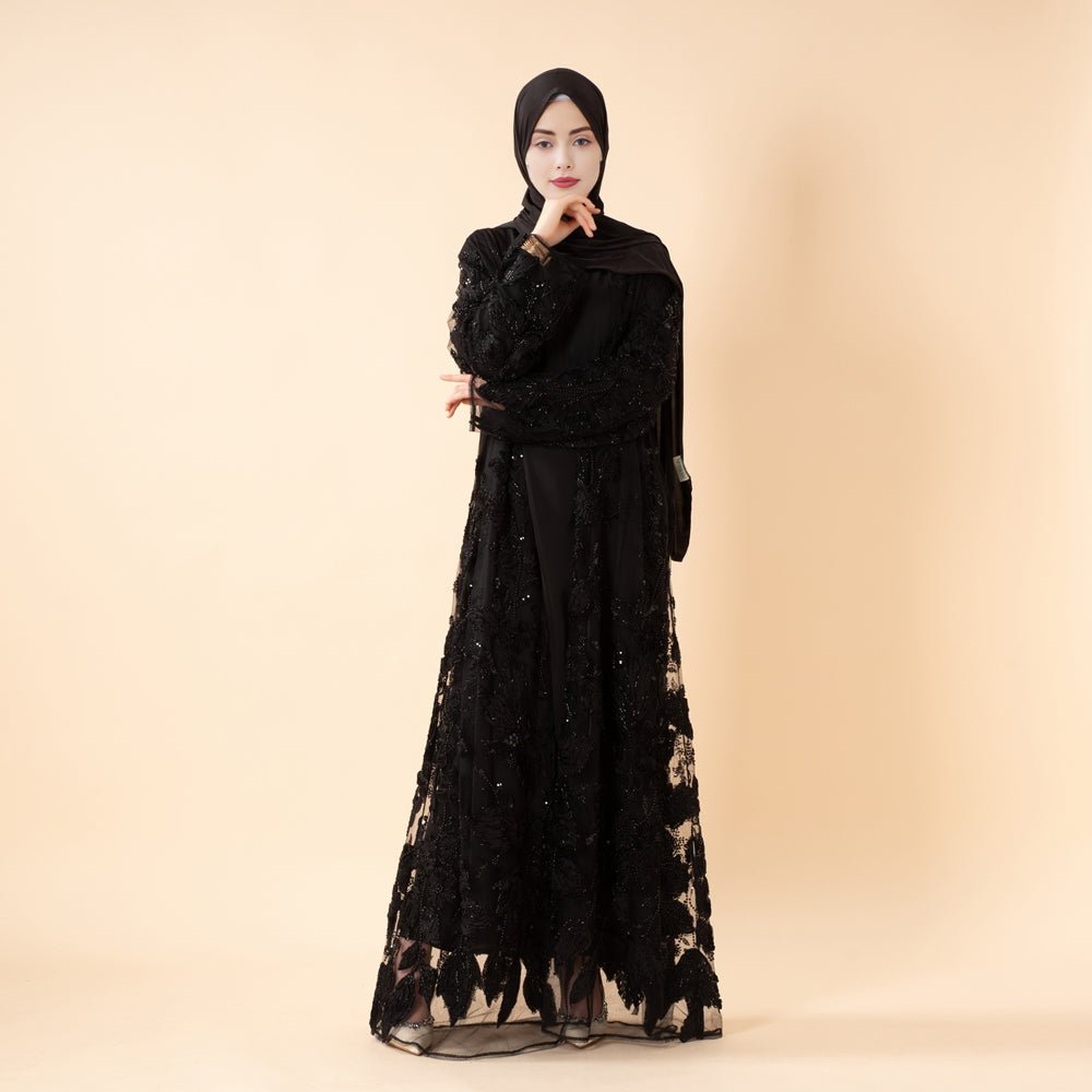 Abaya ouverte de luxe couture ornée de fleurs 3D (MOA300)
