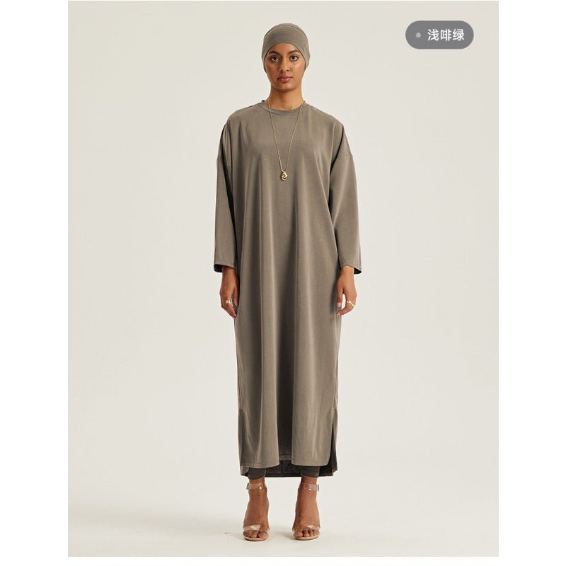 Robe Maxi à Épaules Tombantes et Col Rond - Abaya Modeste Unie avec Fentes Latérales (MA309)