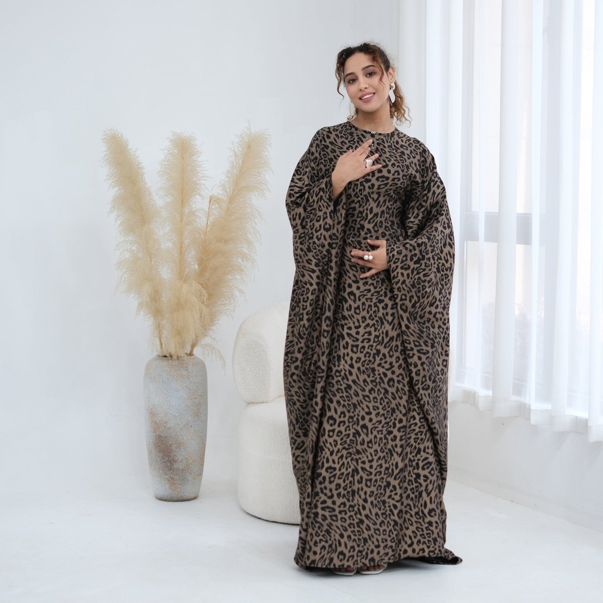 Robe Maxi Imprimé Léopard à Manches Chauve-Souris (MA450)