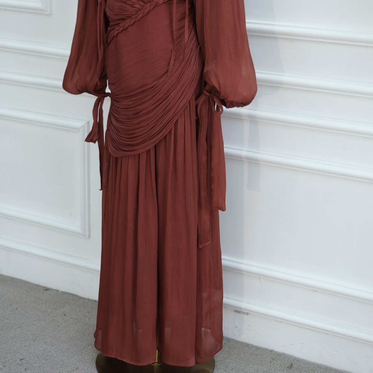 Robe Maxi à Col Tressé, Fronces et Franges (MS406)