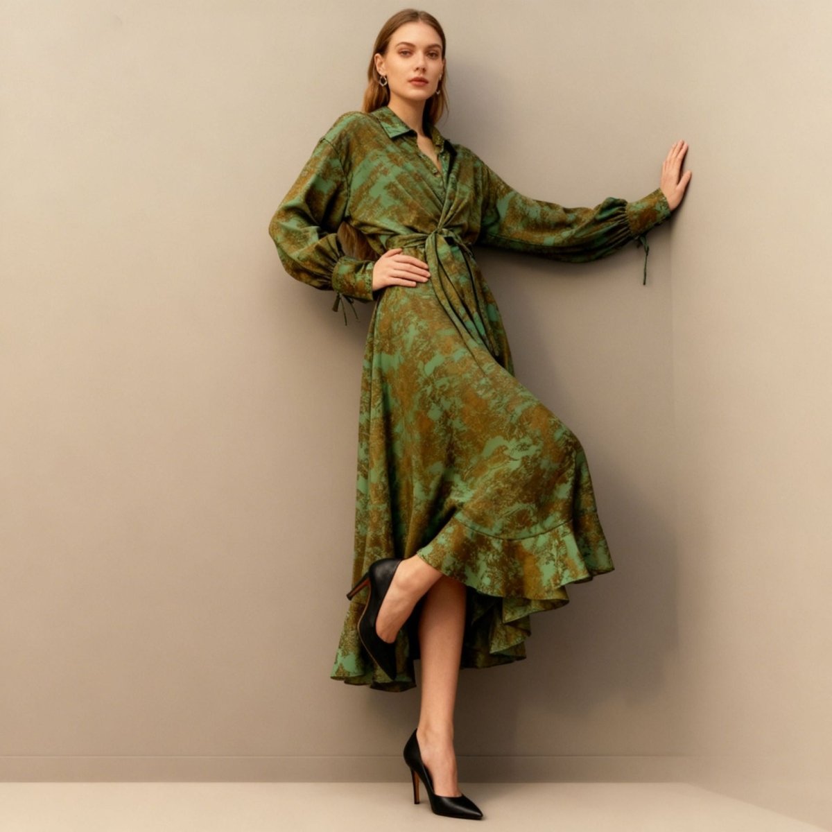 Robe Portefeuille en Jacquard Floral | Robe Maxi à Col et Manches Nouées (MS257)