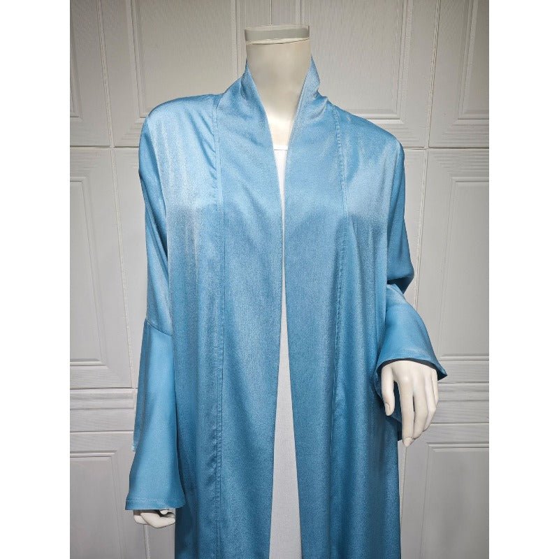 Robe Abaya Unie en Satin Doux Ouverte Devant à Manches Feuille de Lotus | Cache-Abaya Modeste Léger (MOA220)