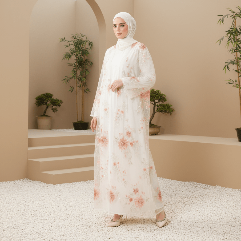 Abaya ouverte de luxe brodée de sequins floraux 3D pour mariages et l'Aïd (MOA306)