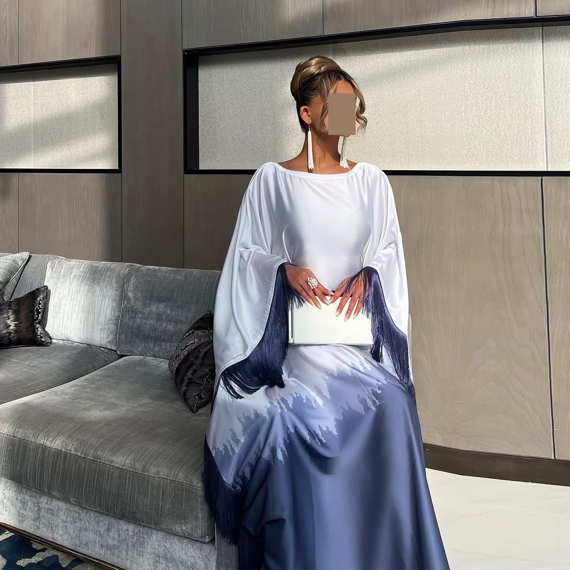 Abaya Ombre Élégante | Robe Abaya à Imprimé Dégradé et Franges (MA179)