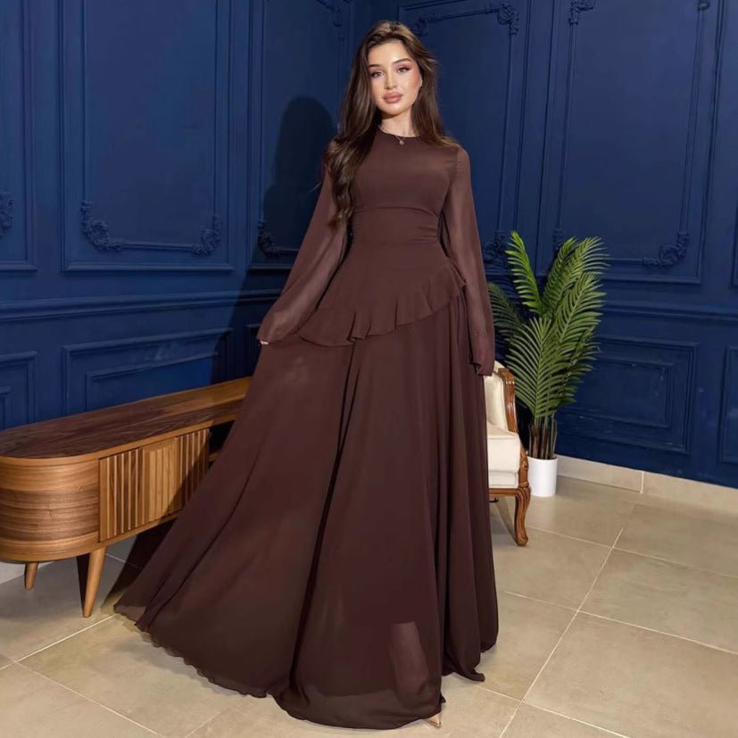 Robe Longue en Mousseline Volantée avec Nœud au Dos | Robe Maxi Étagée à Manches Cloche (UKMS227)