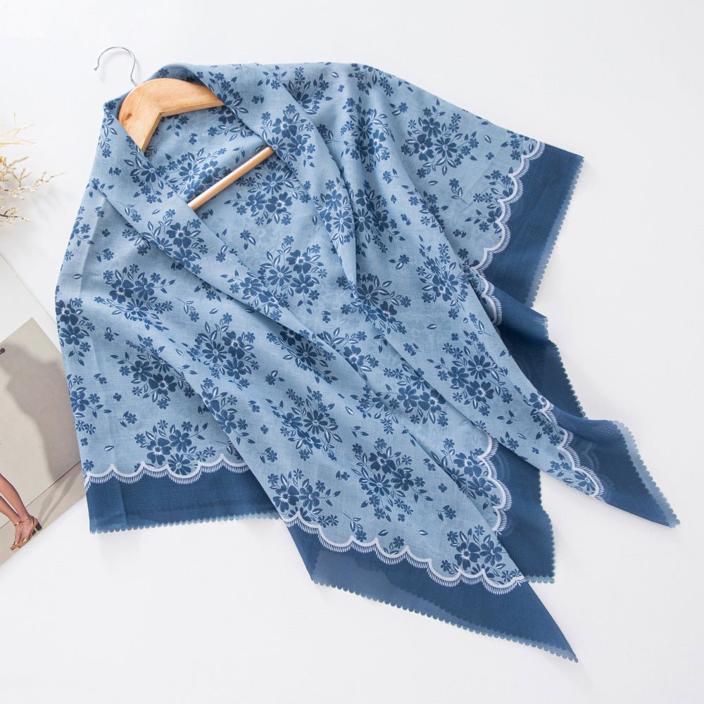 Hijab en voile MH072 à imprimé floral carré, à bordure ondulée