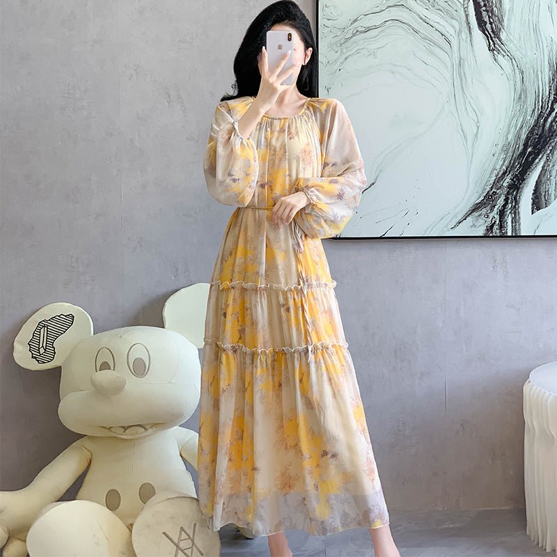 Robe Maxi en Mousseline Imprimée Aquarelle | Robe Étagée à Manches Longues (MS270)