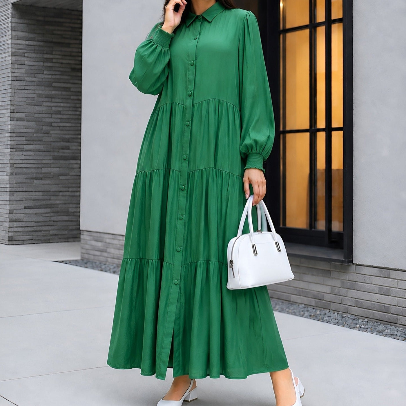Robe Maxi à Encolure Chemise, Boutons et Volants Étagés (MA465)