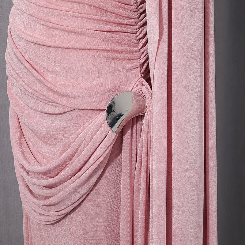 Robe Longue Cape Drapée en Diagonale | Robe Maxi Asymétrique à Manches Longues Drapées (MS222)