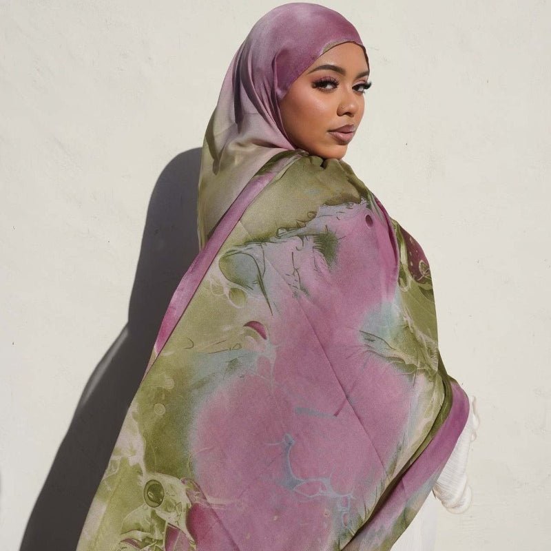 Foulard Hijab Imprimé Luxueux Aspect Soie | Grand Hijab Rectangulaire 180x85cm (MH146)