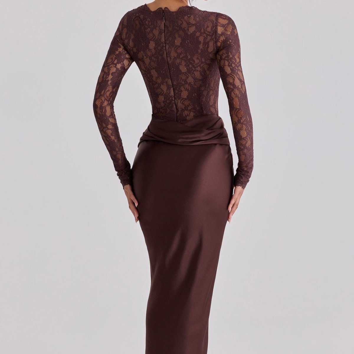 Robe Maxi Sirène en Satin Froncé avec Bustier en Dentelle (MS415)