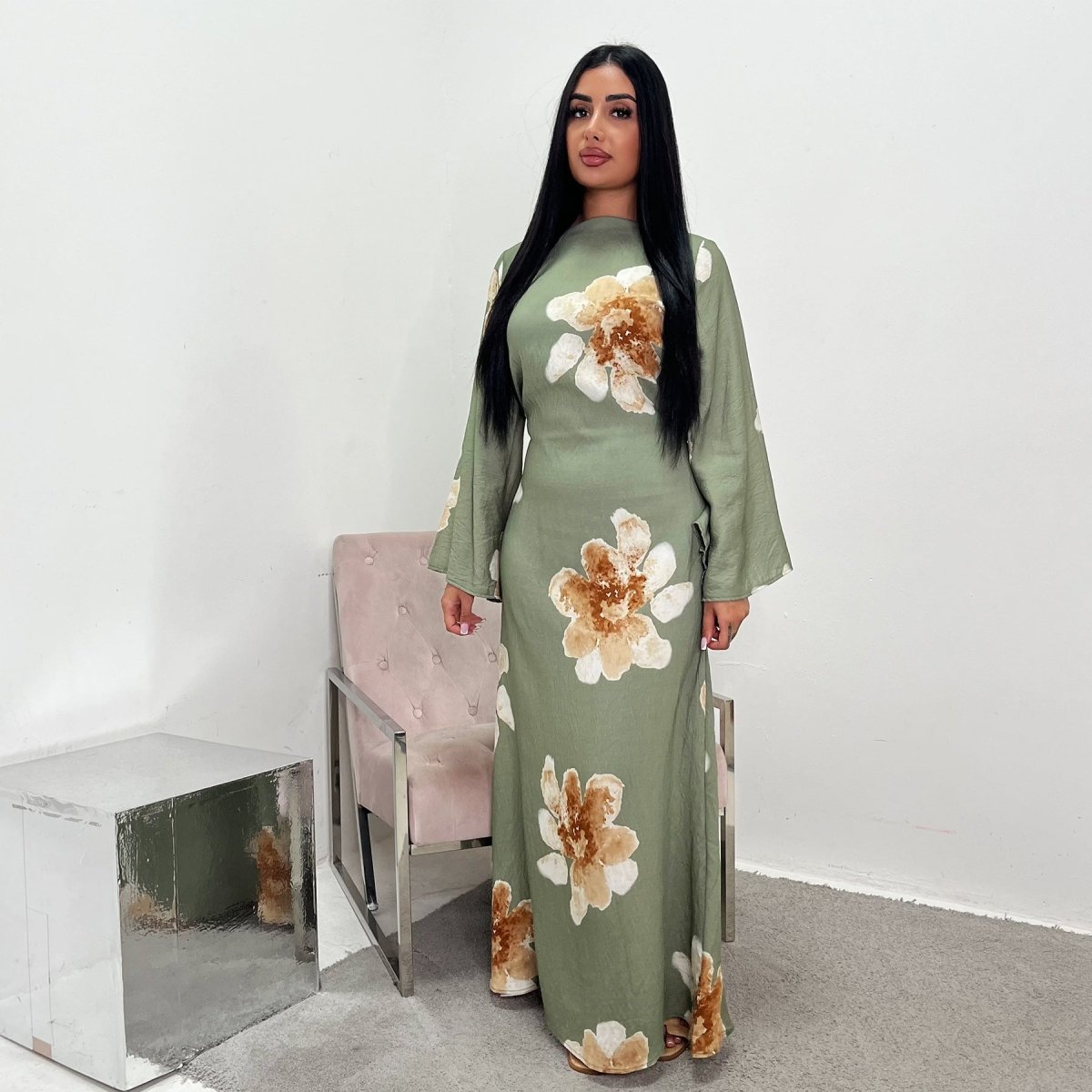 Robe Abaya Maxi à Manches Cloche Imprimé Floral (MA214)