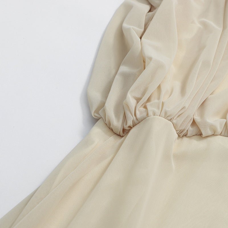 Robe longue col rond, bustier drapé et manches lanterne (MS402)