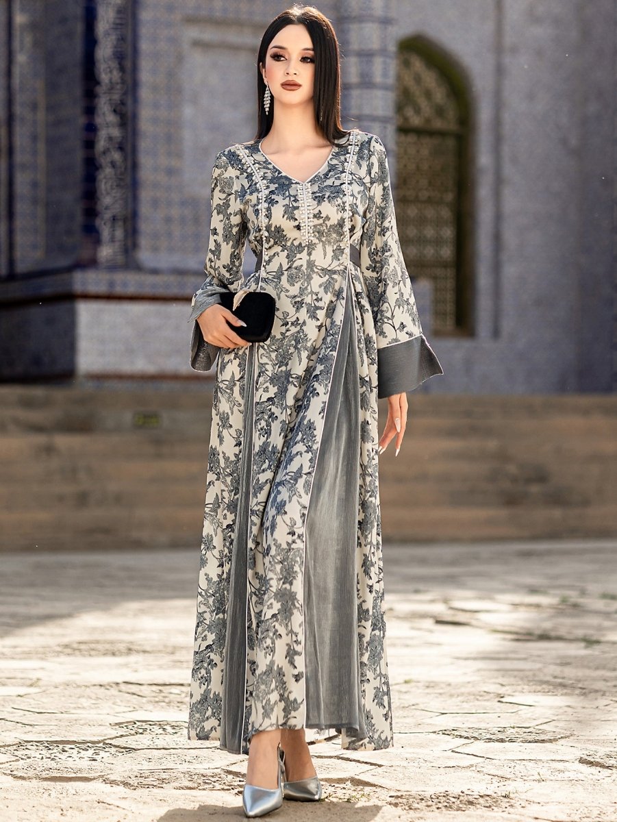 Robe Maxi élégante à col en V, en satin, avec fleurs brodées à la main de perles et de cristaux, manches longues, avec Abaya grise (MA192)