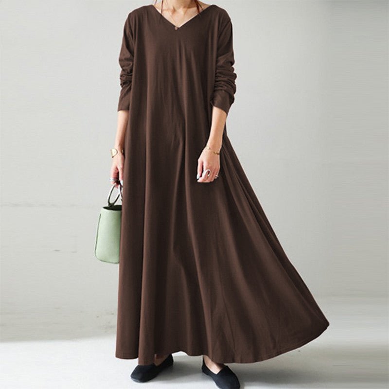 Robe Maxi Élégante à Col en V et Manches Longues | Robe Ample avec Poches Cachées(MA314)