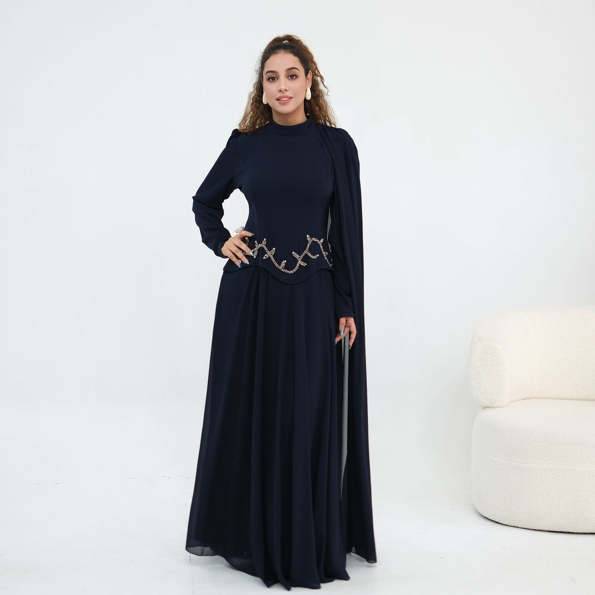 Robe Maxi Cape Sleeve à Taille Perlée(MS499)