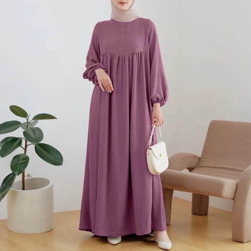 Robe Abaya Maxi Longue Unie à Manches Bouffantes et Boutons, Casual et Élégante (MA157)