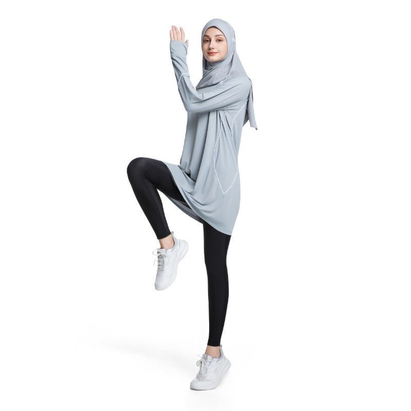 Haut de sport modeste à manches longues pour femme, séchage rapide | Tunique athlétique en polyester pour yoga, lignes épurées (MS114)