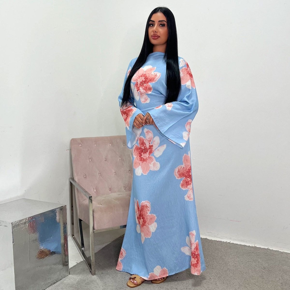 Robe Abaya Maxi à Manches Cloche Imprimé Floral (MA214)