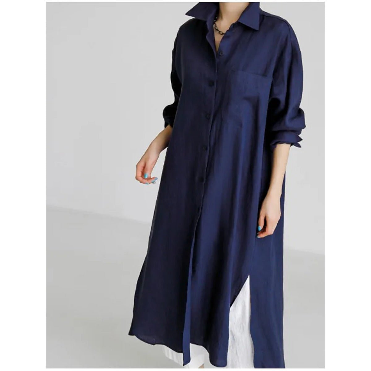 Robe-chemise décontractée et élégante en lin mélangé pour musulmanes | Maxi robe modeste boutonnée devant avec fentes latérales (MS096)