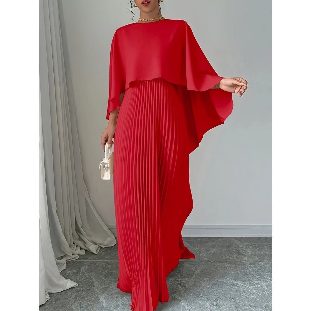 Robe Maxi Plissée à Manches Chauve-souris | Robe Cape Blanc Crème à Manches Cloche Spectaculaires (MA241)