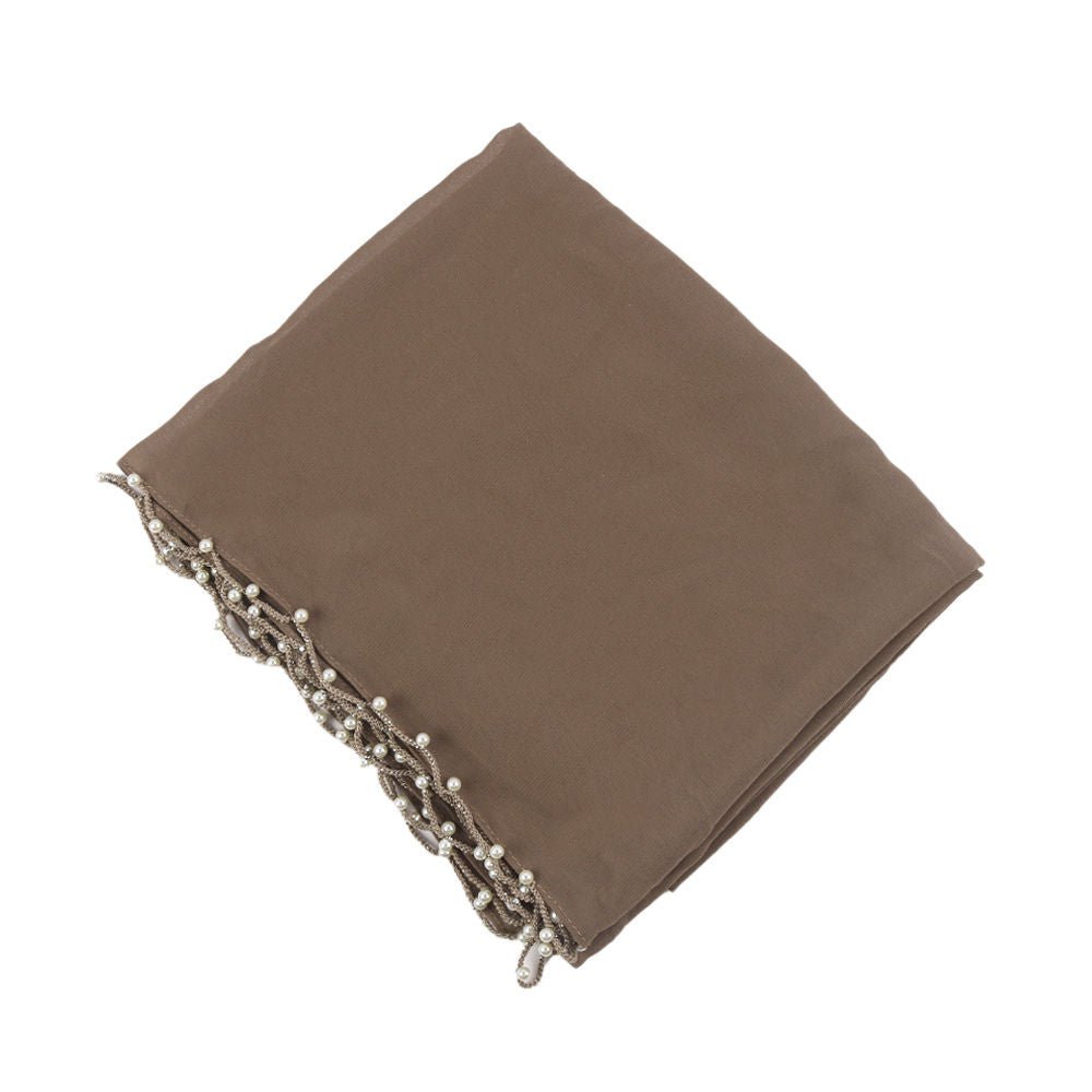Hijab en Chiffon Uni avec Bordure Perlée Délicate, Vague Ornée de Perles (MH139)
