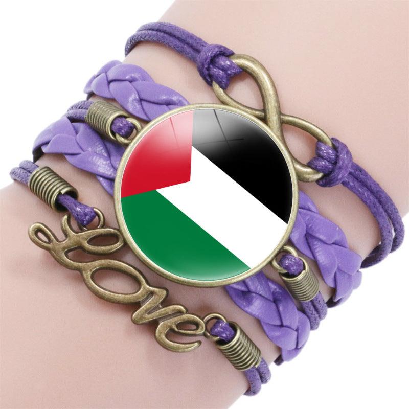 Bracelet multicouche motif keffieh drapeau palestinien avec pierres fines "time", "love" & ∞ (MAC080)