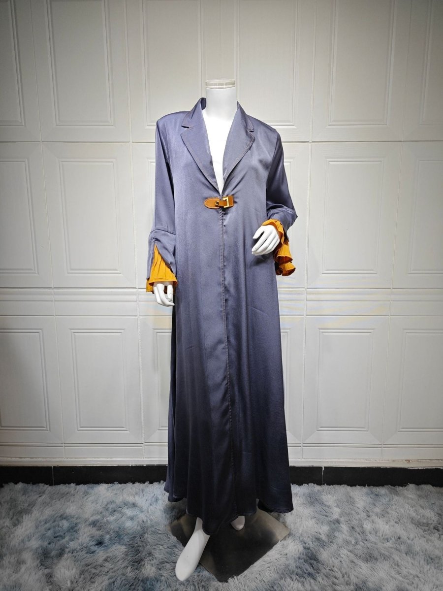 Robe Peignoir en Suède de Luxe | Bleu Marine Maxi avec Détails Dorés & Manches Cloche (MOA200)
