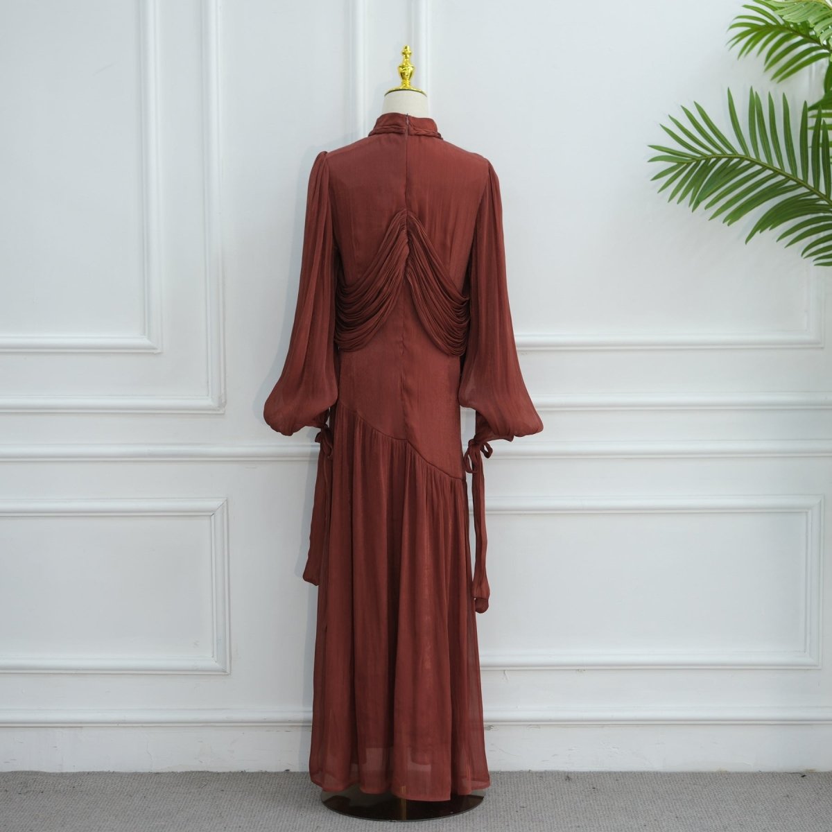 Robe Maxi à Col Tressé, Fronces et Franges (MS406)