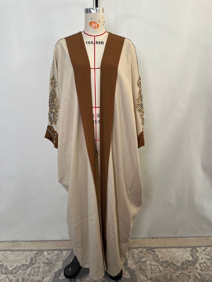 Veste Abaya de Luxe en Perles Rouille pour Mariage et Fêtes Musulmanes, Kaki avec Broderie Dorée Contrastante (MOA158)