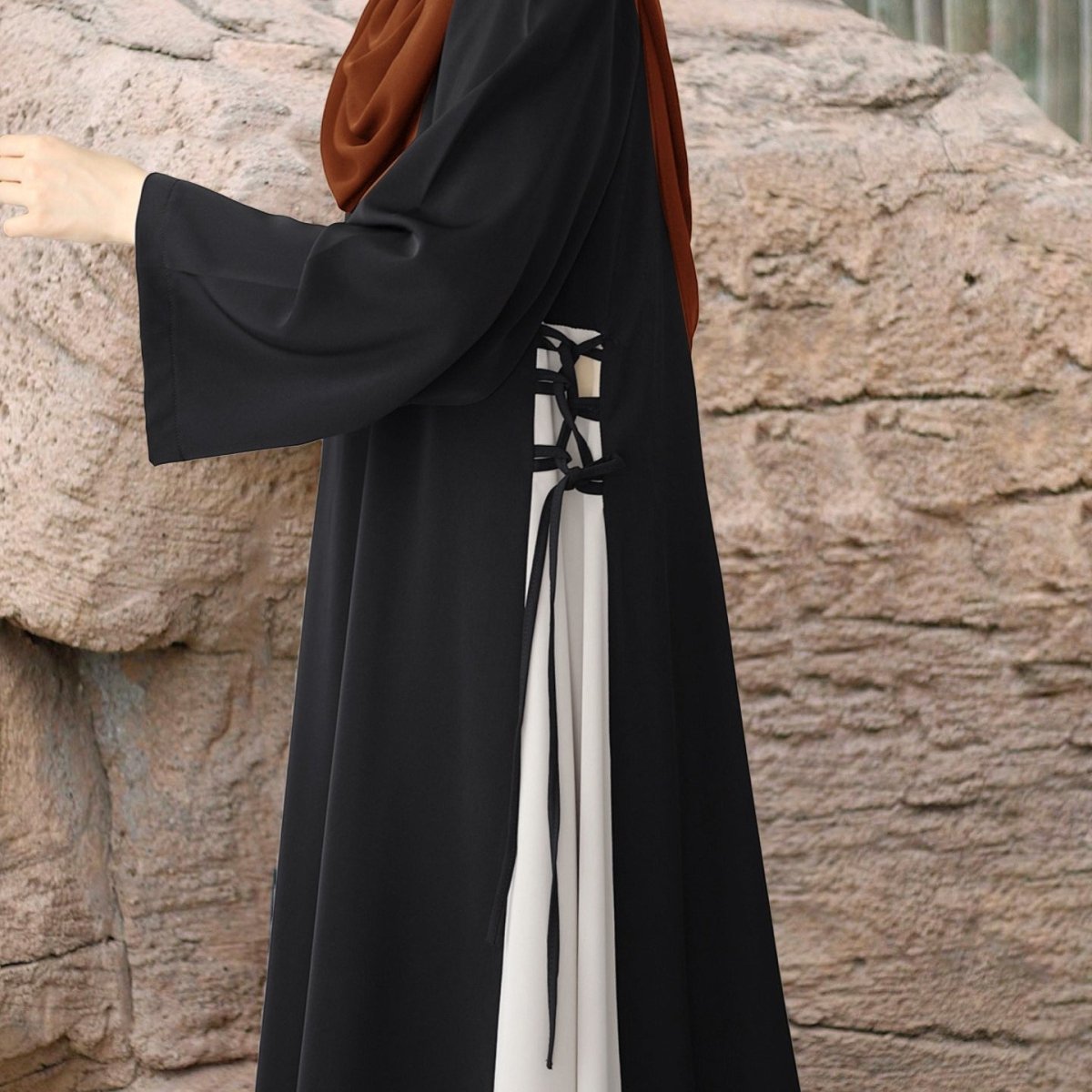 Abaya bicolore avec nœud sur le côté | Abaya maxi bicolore à col rond (MA362)