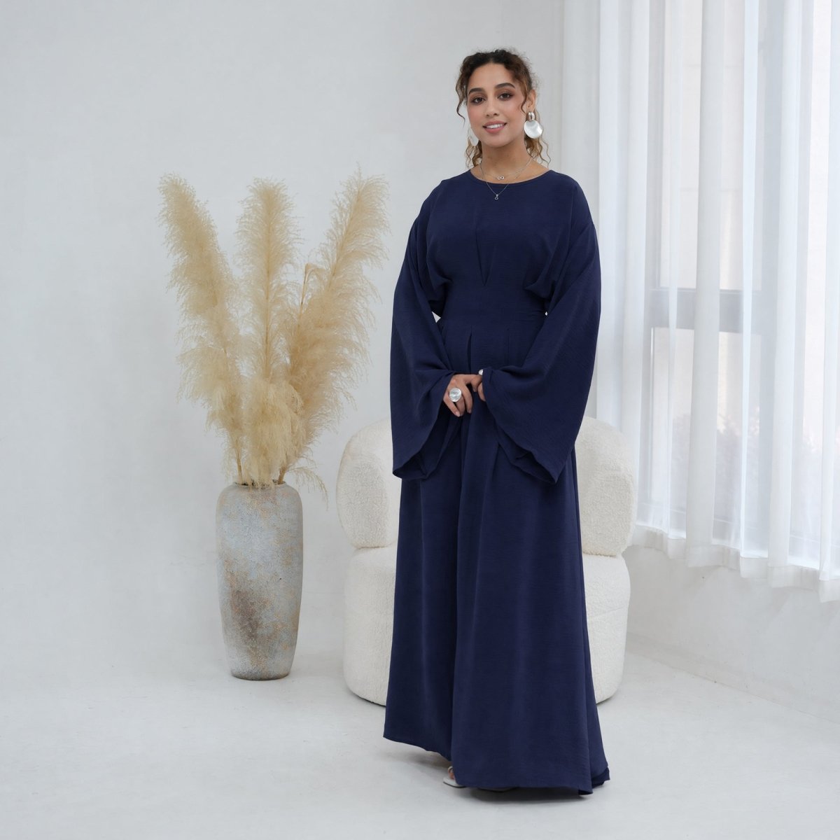 Robe Maxi Plissée à Manches Chauve-Souris (MS453)