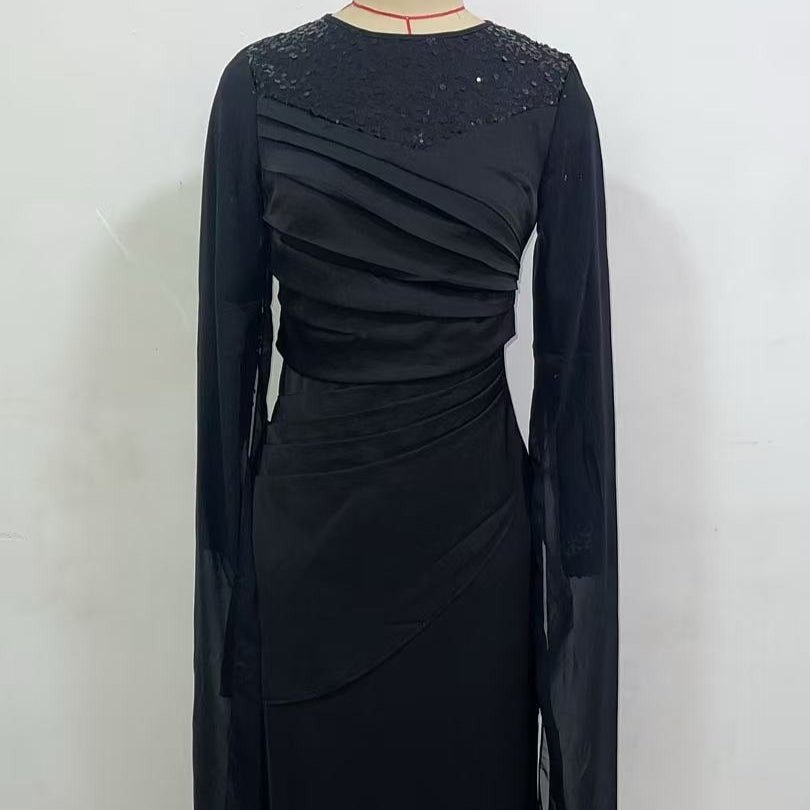 Robe Formelle Ornée de Sequins | Robe Moulante à Manches Longues et Effet Drapé (MS272)