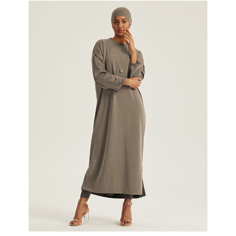 Robe Maxi à Épaules Tombantes et Col Rond - Abaya Modeste Unie avec Fentes Latérales (MA309)
