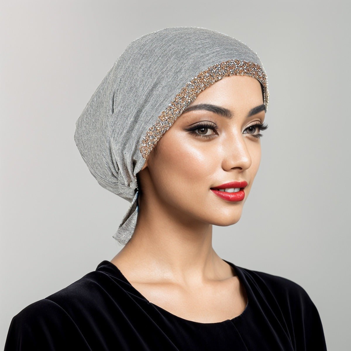 Bonnet Hijab de Luxe en Coton Mercerisé, Orné de Cristaux, Réglable avec Lacet Élastique, Design Respirant (MH115)