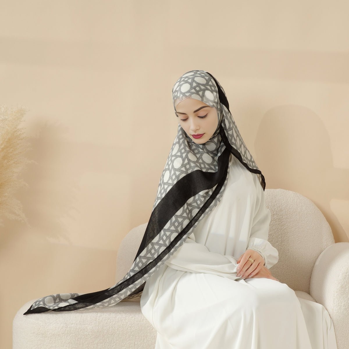 MH095 Châle en coton et lin mélangés à motifs floraux naturels et géométriques color-block imprimés