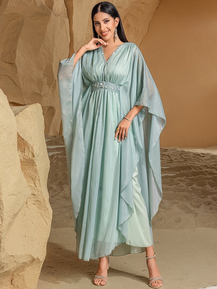 Élégante Abaya Robe pour Voyage et Soirée, Col en V, Perles Brodées à la Main, Finition Luxueuse (MA188)