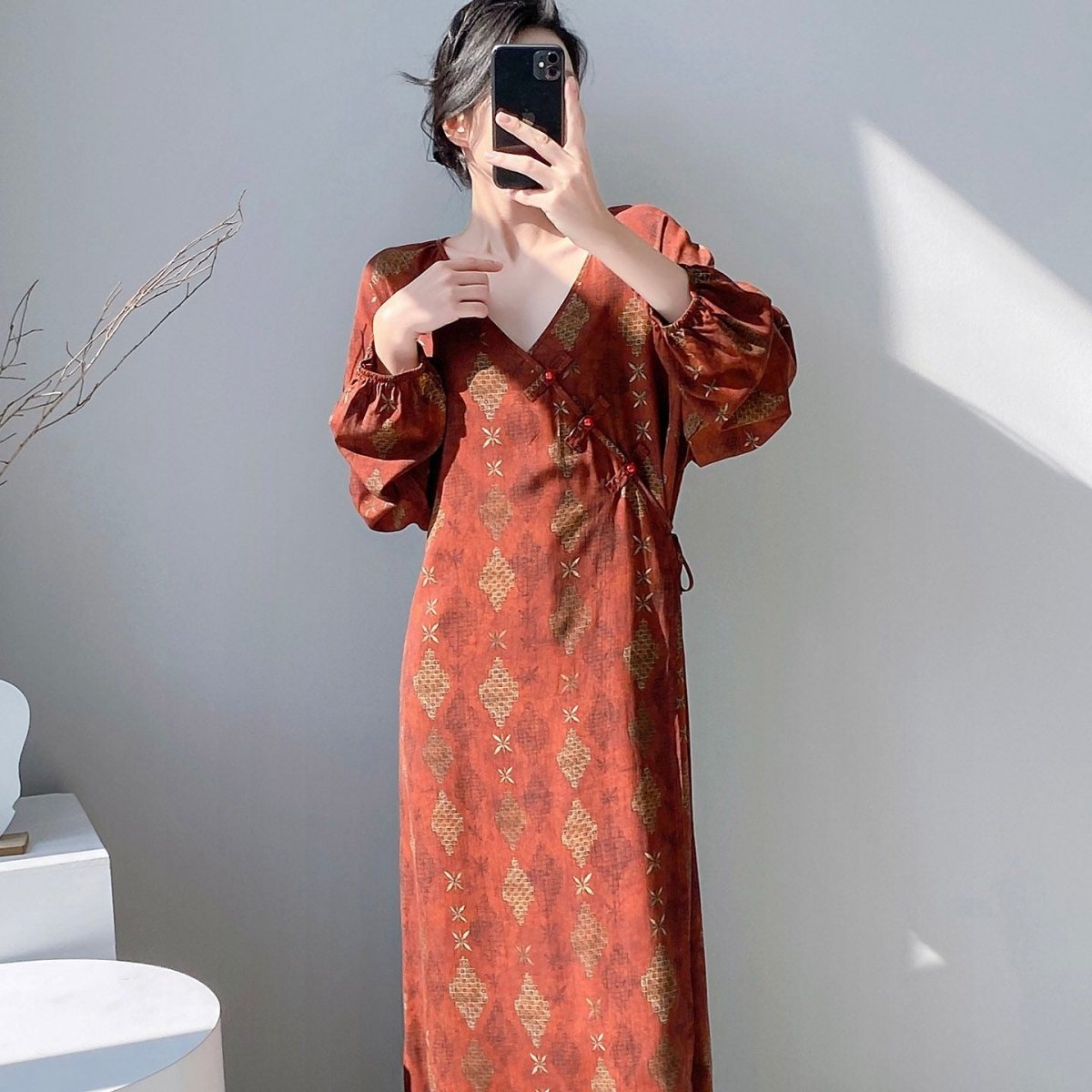 Robe portefeuille longue à motif jacquard et imprimé, style chinois (MS424)