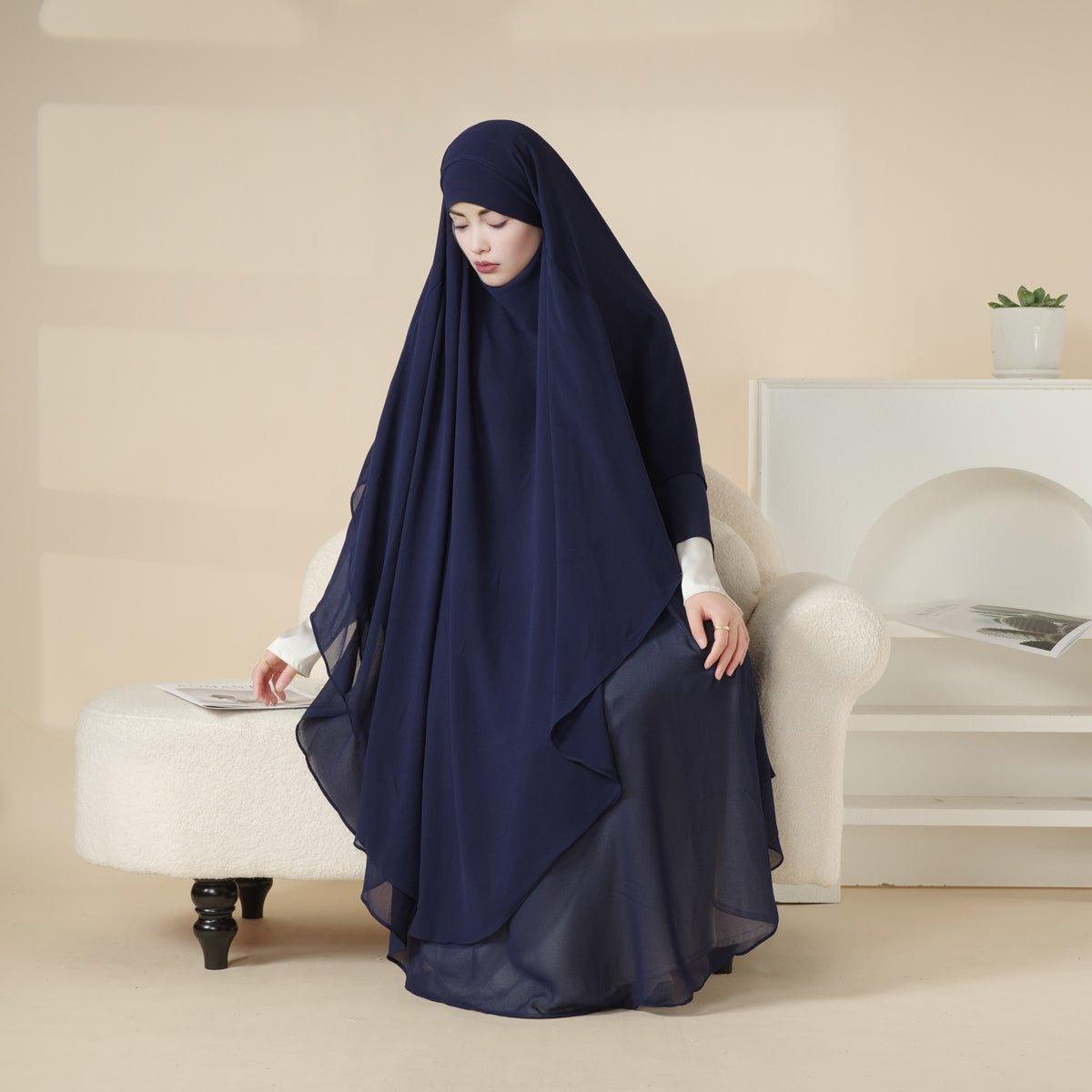 MK018 Khimar Long en Mousseline à Double Couches, Devant et Dos