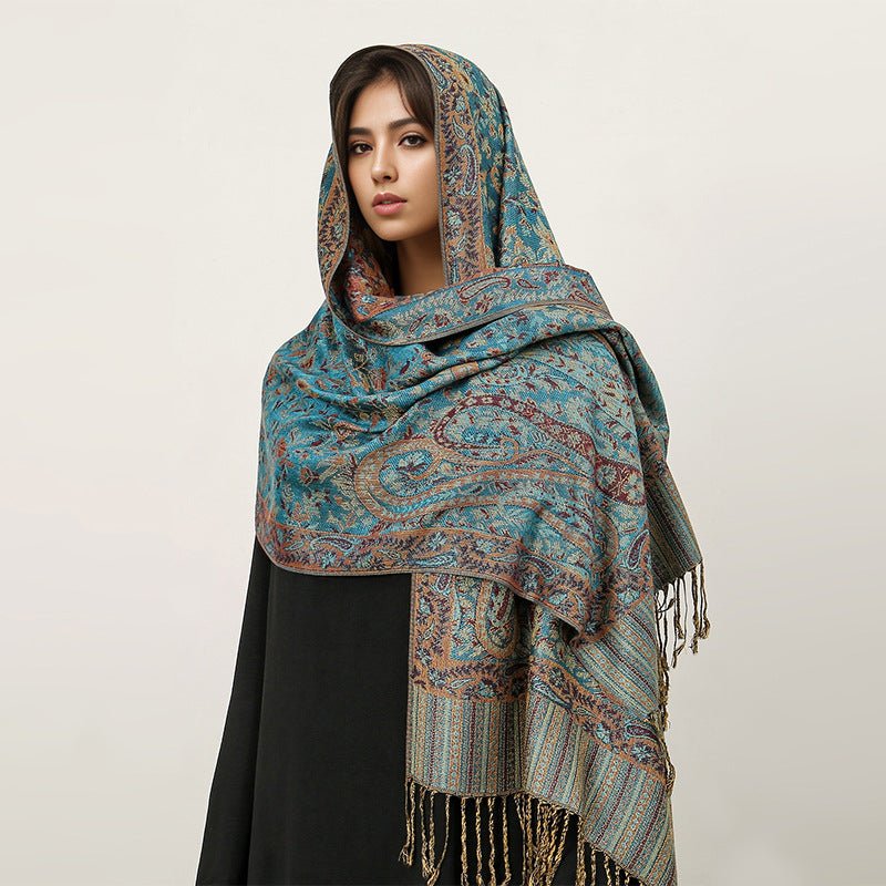 Hijab Vintage Shawl à Motif Fleur de Cajou avec Pompons (MH101)