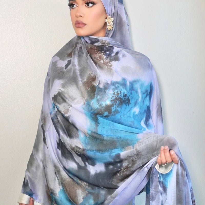 Foulard Hijab Imprimé Luxueux Aspect Soie | Grand Hijab Rectangulaire 180x85cm (MH146)