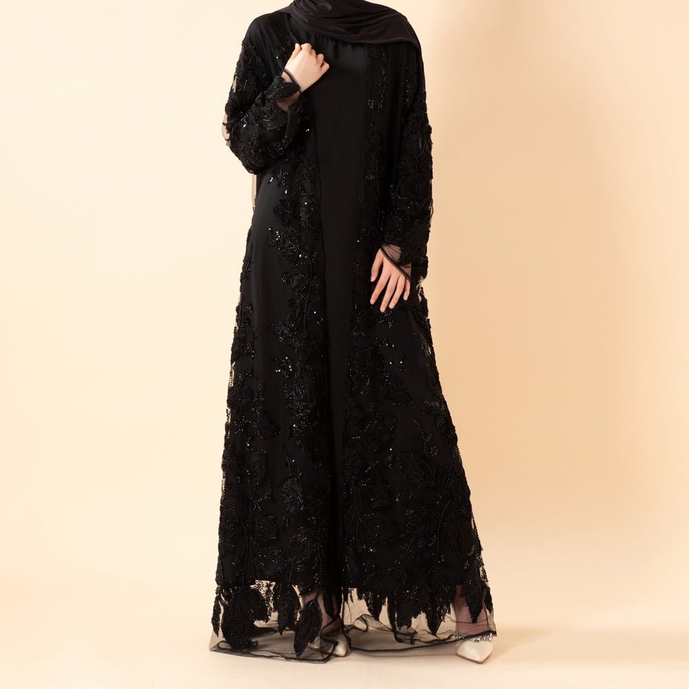 Abaya ouverte de luxe avec fleurs brodées en 3D (UKMOA300)