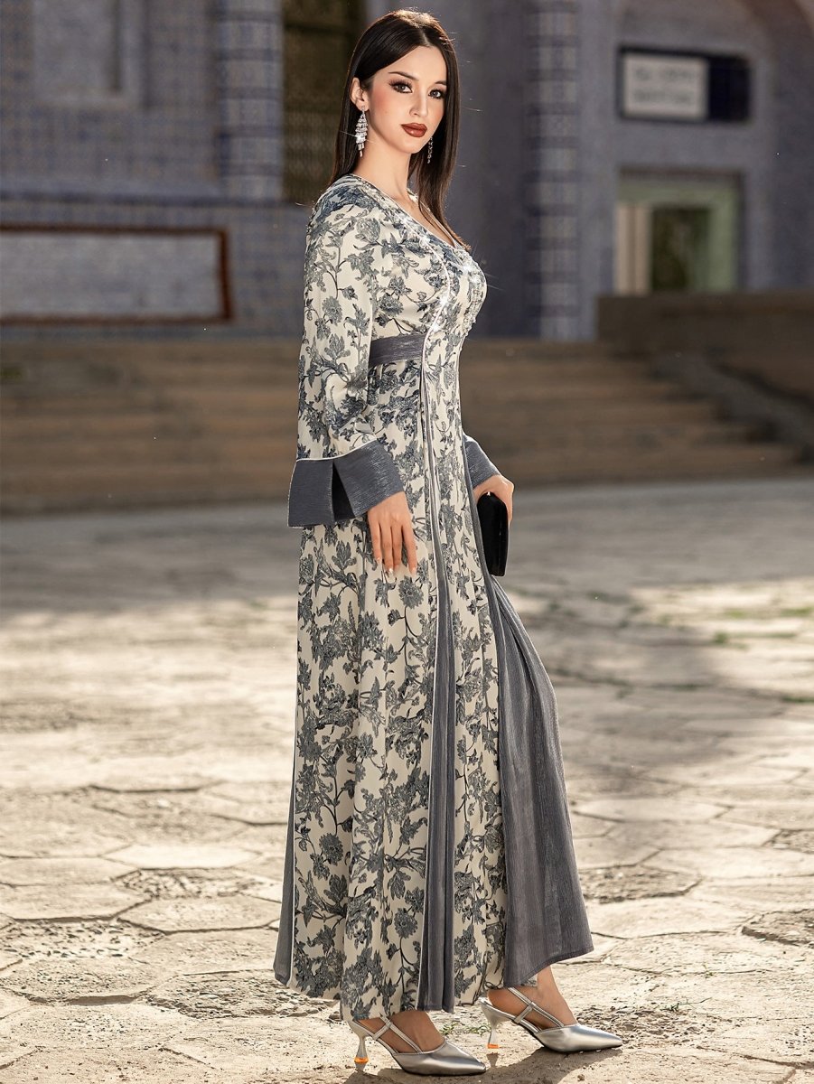 Robe Maxi élégante à col en V, en satin, avec fleurs brodées à la main de perles et de cristaux, manches longues, avec Abaya grise (MA192)